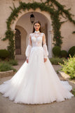 Modest A-Line Ivory Appliqued High Neck Wedding Dress With Long Sleeves