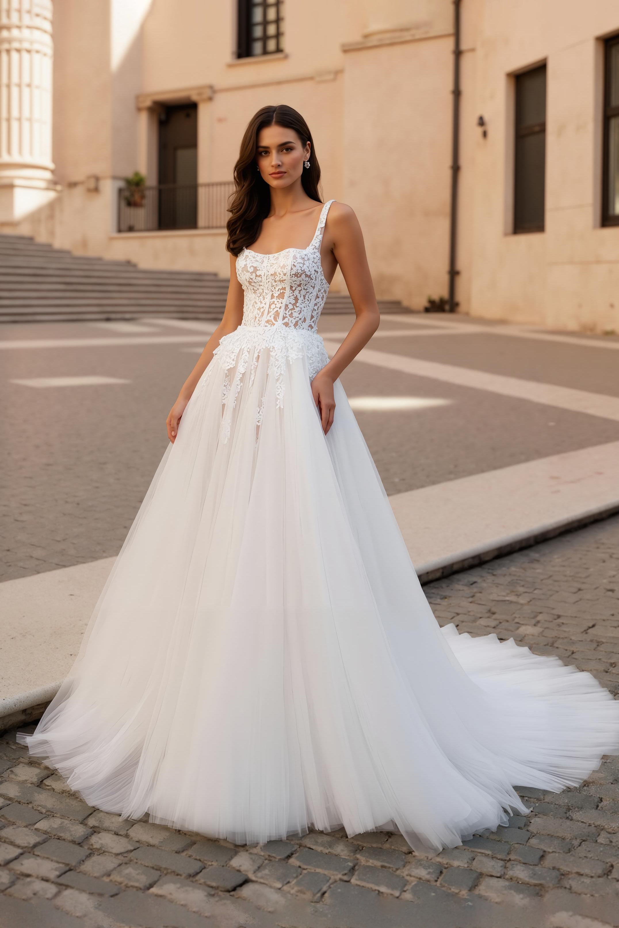 Ivory Square Neck Appliqued Bridal Gown Dress