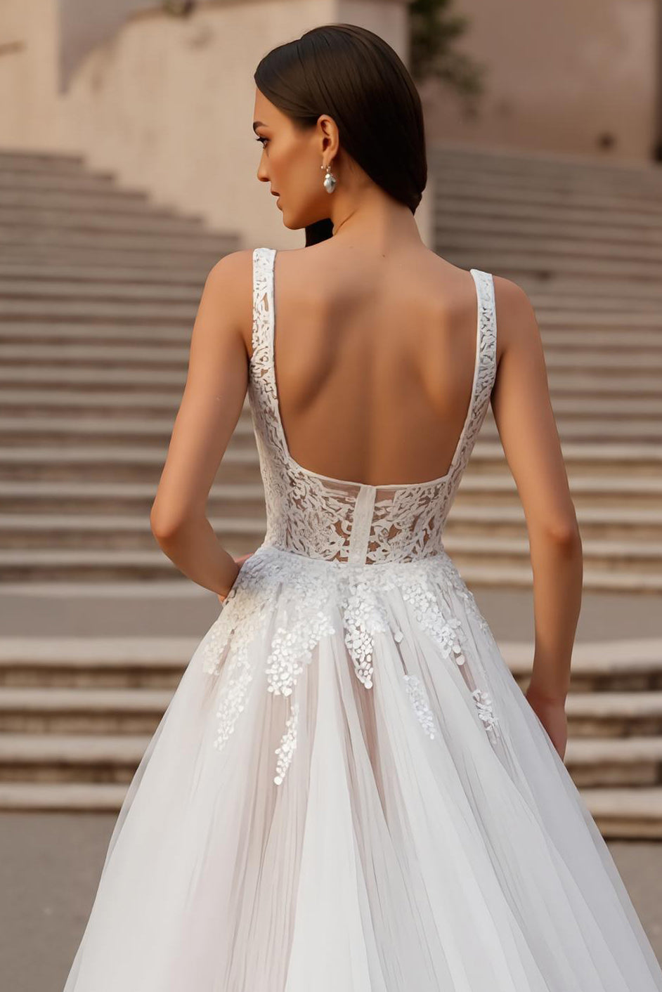 Ivory Square Neck Appliqued Bridal Gown Dress