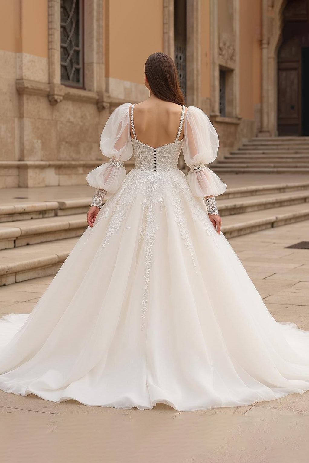 Ivory Fairytale Long Sleeve Bridal Gown Dress With Appliques