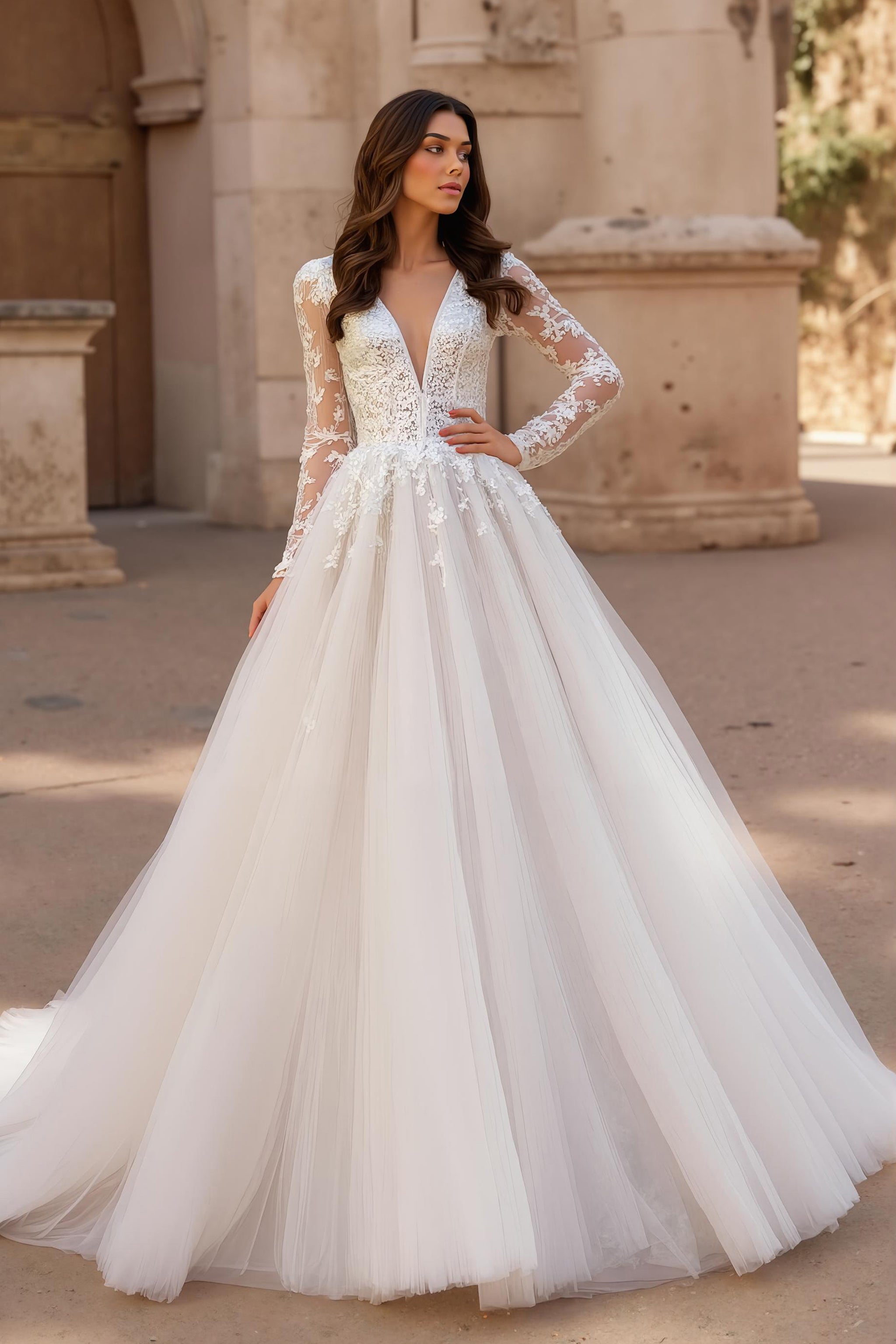 Ivory V-Neck A-Line Tulle Long Sleeve Wedding Dress With Appliques