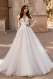 Ivory V-Neck A-Line Tulle Long Sleeve Wedding Dress With Appliques