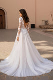 Ivory V-Neck A-Line Tulle Long Sleeve Wedding Dress With Appliques