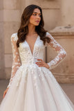 Ivory V-Neck A-Line Tulle Long Sleeve Wedding Dress With Appliques