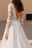 Ivory V-Neck A-Line Tulle Long Sleeve Wedding Dress With Appliques