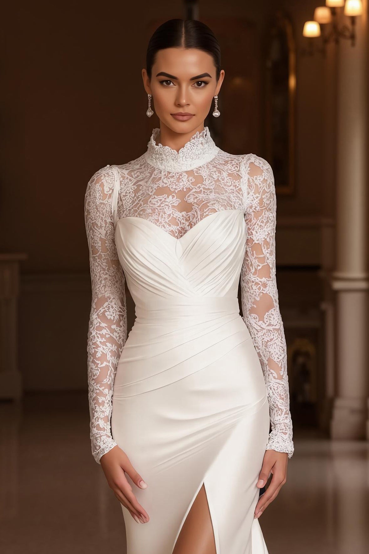 Mermaid Ivory Appliqued Long Sleeve Wedding Dress With Slit