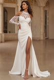 High Neck Long sleeve Ivory Appliqued Mermaid Bridal Dress With Slit