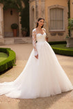 Ivory A-Line Strapless Long Sleeve Bridal Gown Dress With Appliques