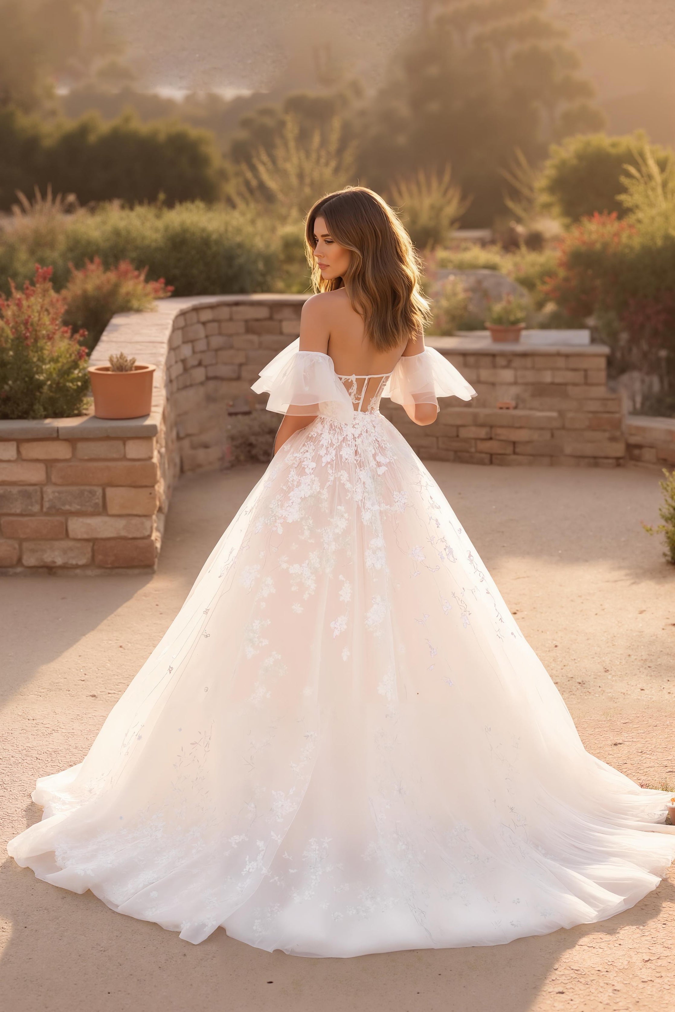 Off The Shoulder Ivory Romantic Bridal Gown Dress With Appliques