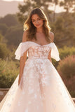 Off The Shoulder Ivory Romantic Bridal Gown Dress With Appliques
