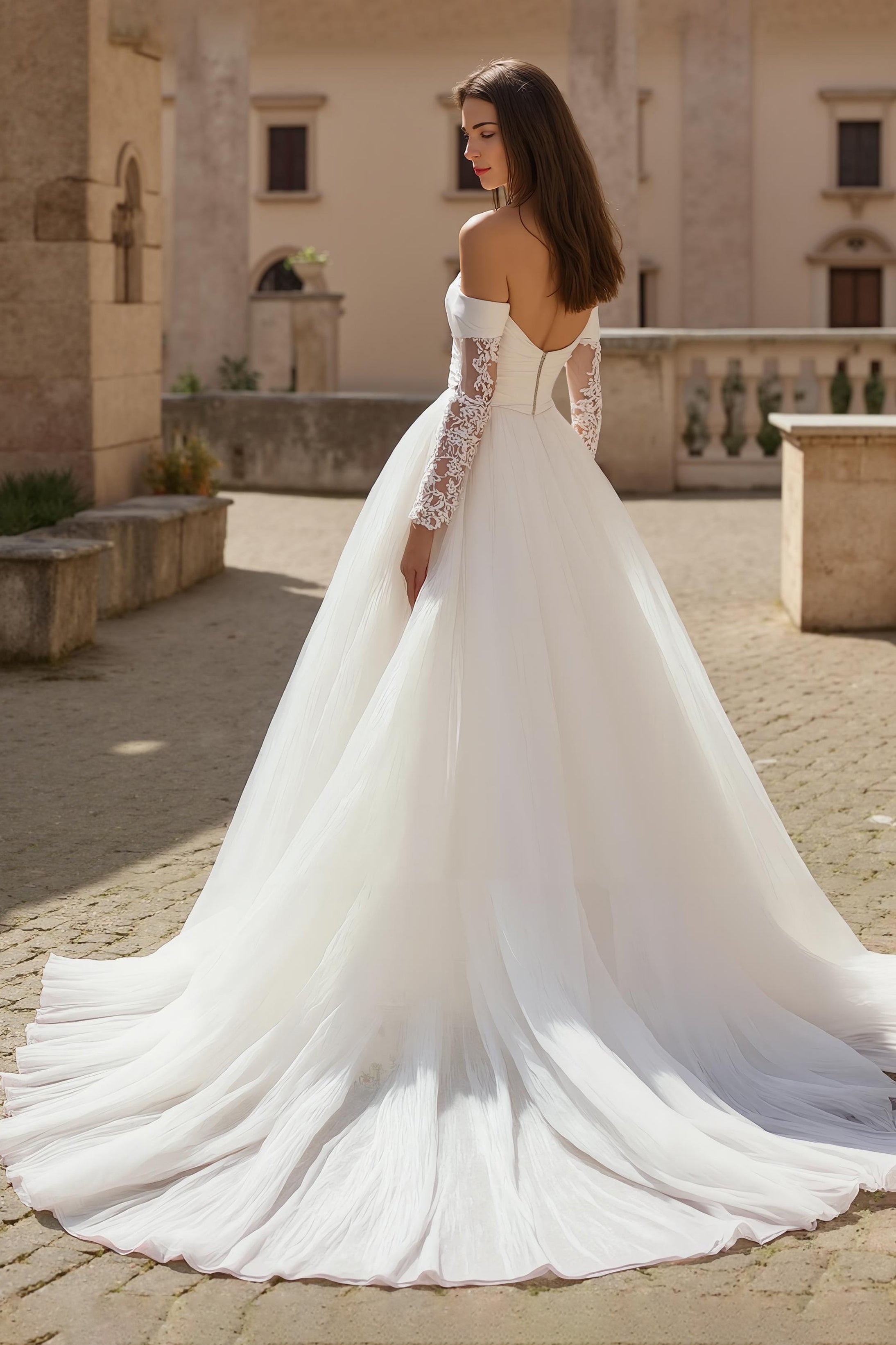 Long Sleeve A-Line Ivory Off The Shoulder Wedding Dress With Appliques