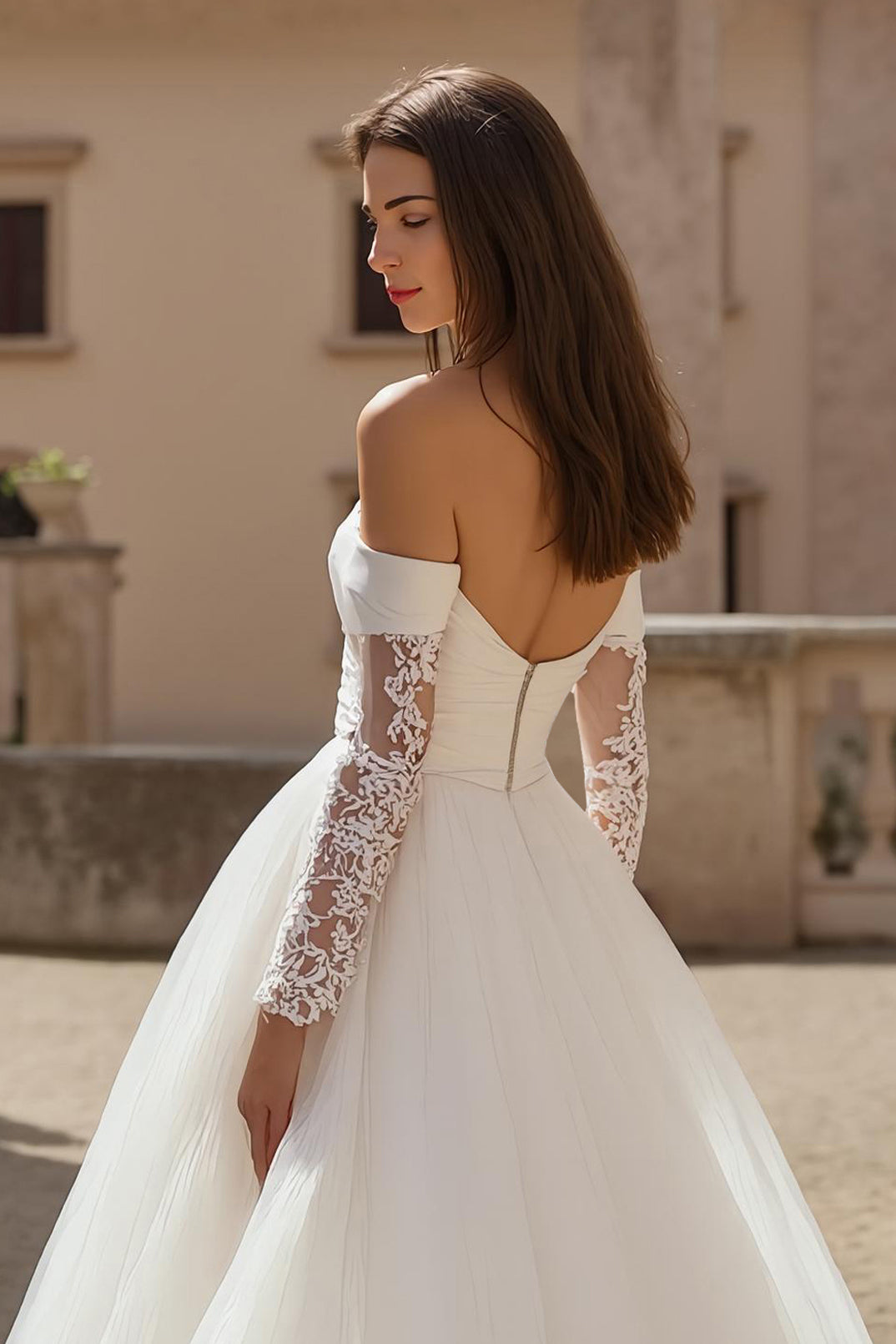 Long Sleeve A-Line Ivory Off The Shoulder Wedding Dress With Appliques