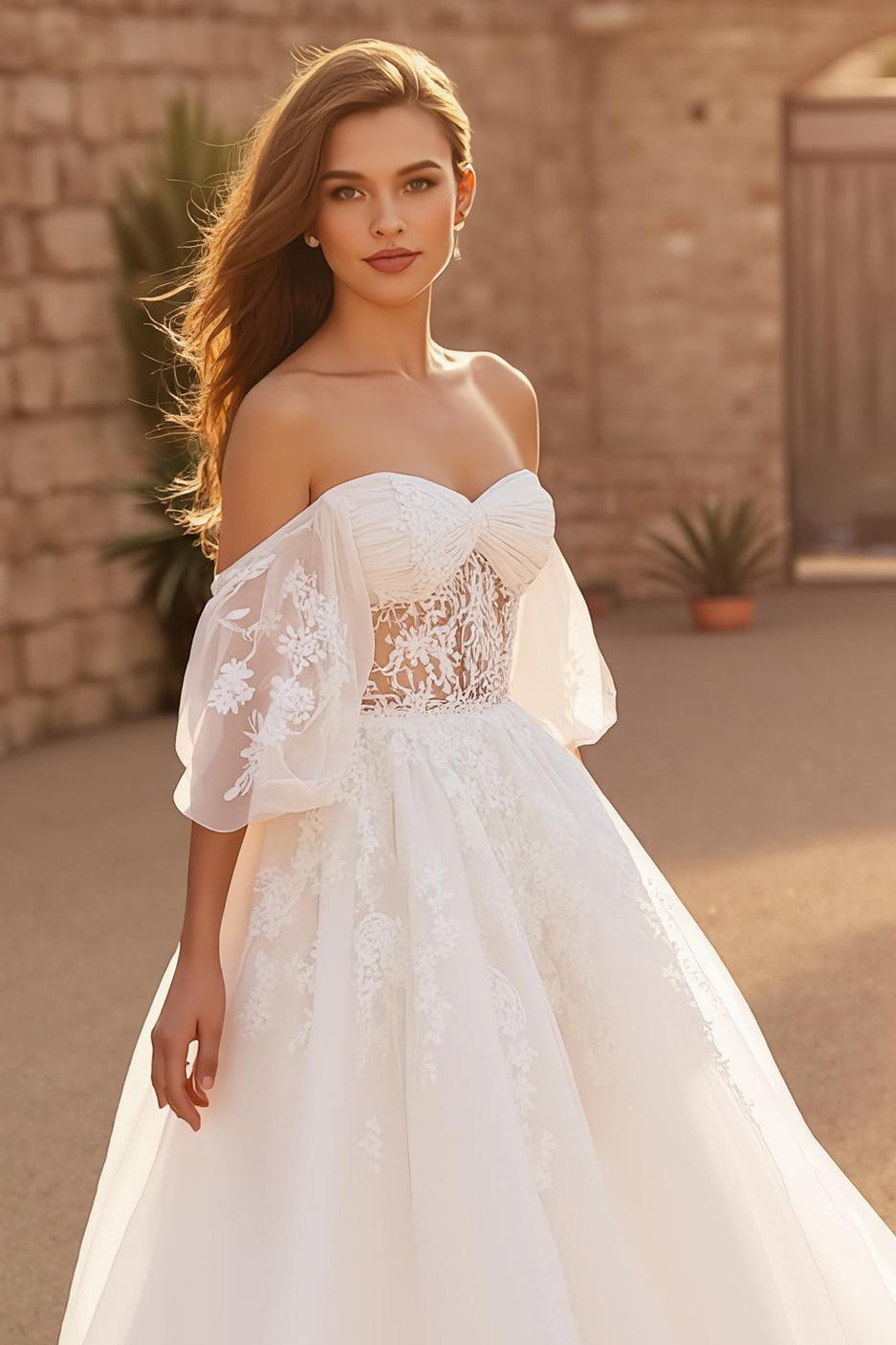 Off The Shoulder Ivory Court Train Bridal Dress With Appliques