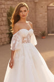 Off The Shoulder Ivory Court Train Bridal Dress With Appliques