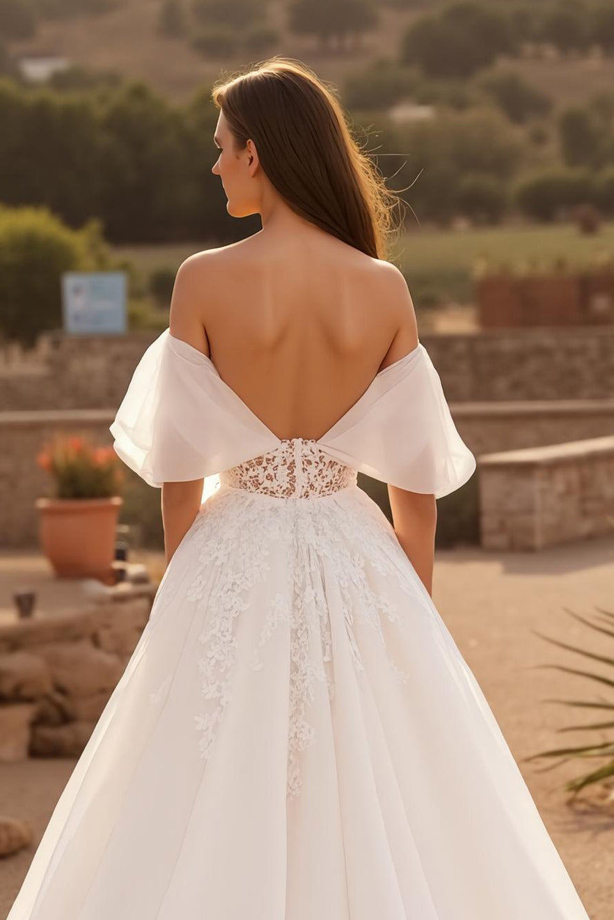 Off The Shoulder Ivory Court Train Bridal Dress With Appliques