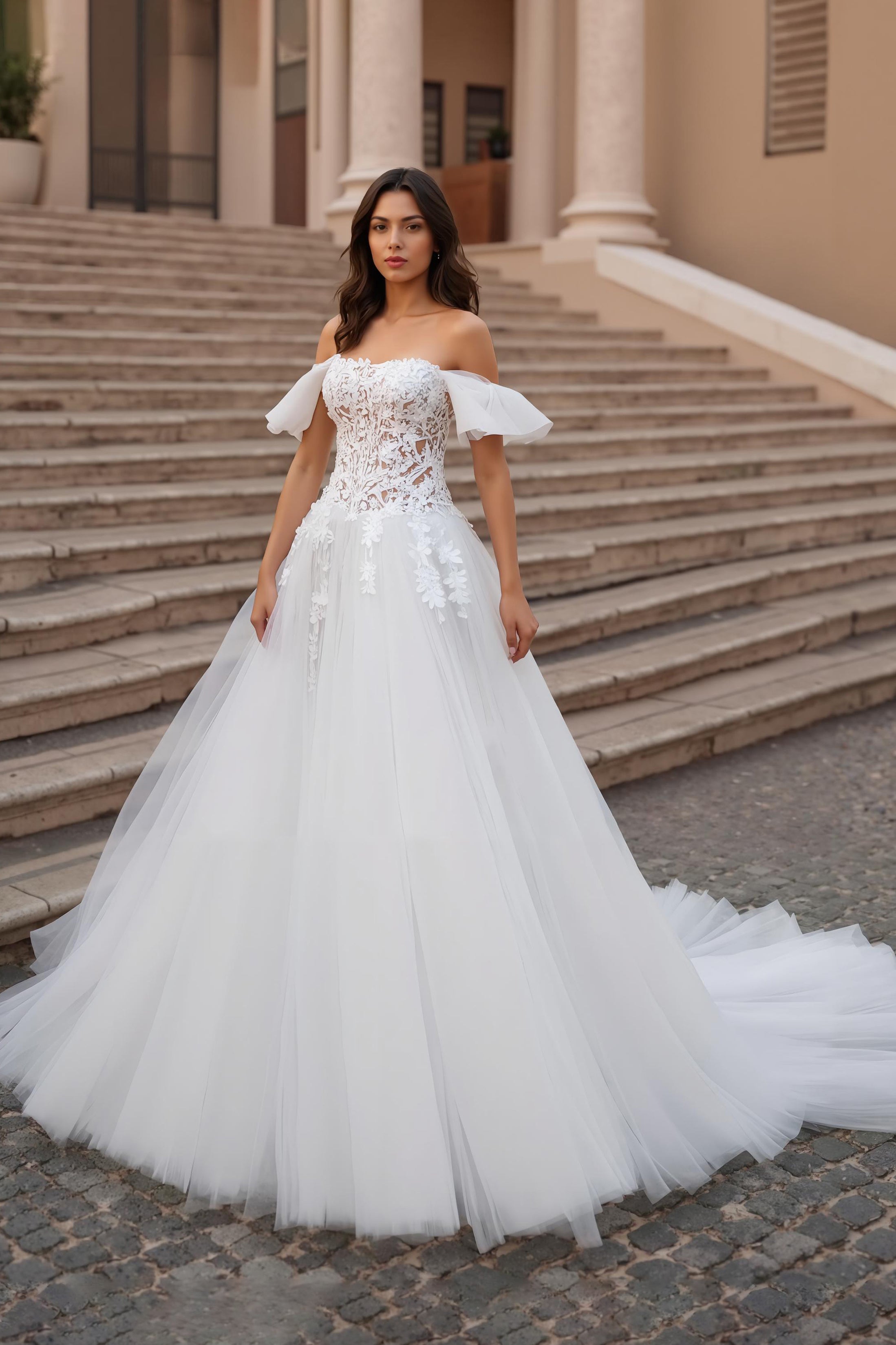 Off The Shoulder A-Line Ivory Corset Bridal Dress With Appliques