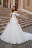 Off The Shoulder A-Line Ivory Corset Bridal Dress With Appliques