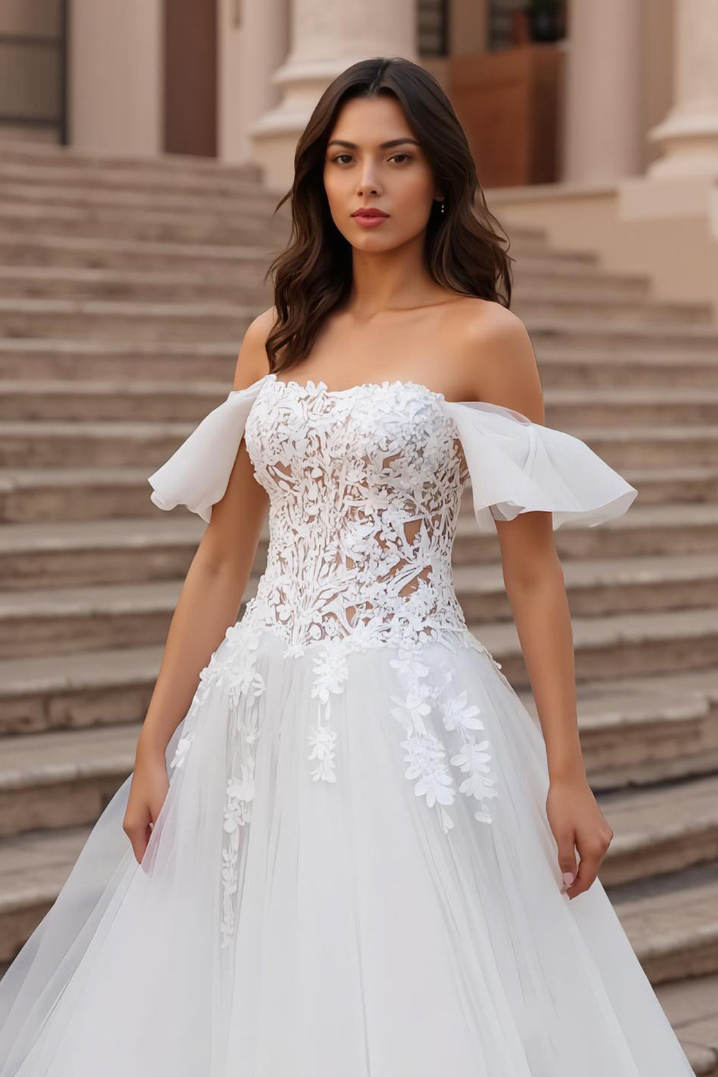 Off The Shoulder A-Line Ivory Corset Bridal Dress With Appliques