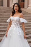 Off The Shoulder A-Line Ivory Corset Bridal Dress With Appliques
