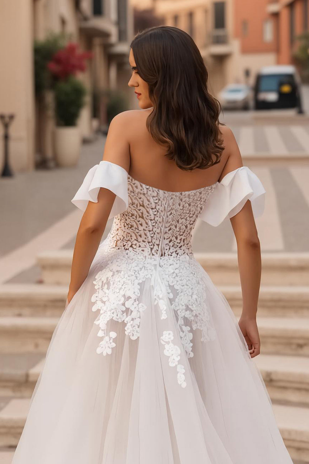 Off The Shoulder A-Line Ivory Corset Bridal Dress With Appliques