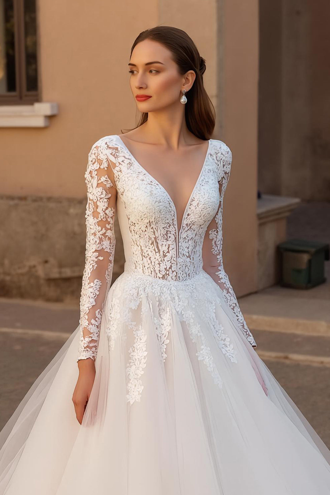 Court Train Ivory A-Line Long sleeve V-Neck Appliqued Wedding Dress