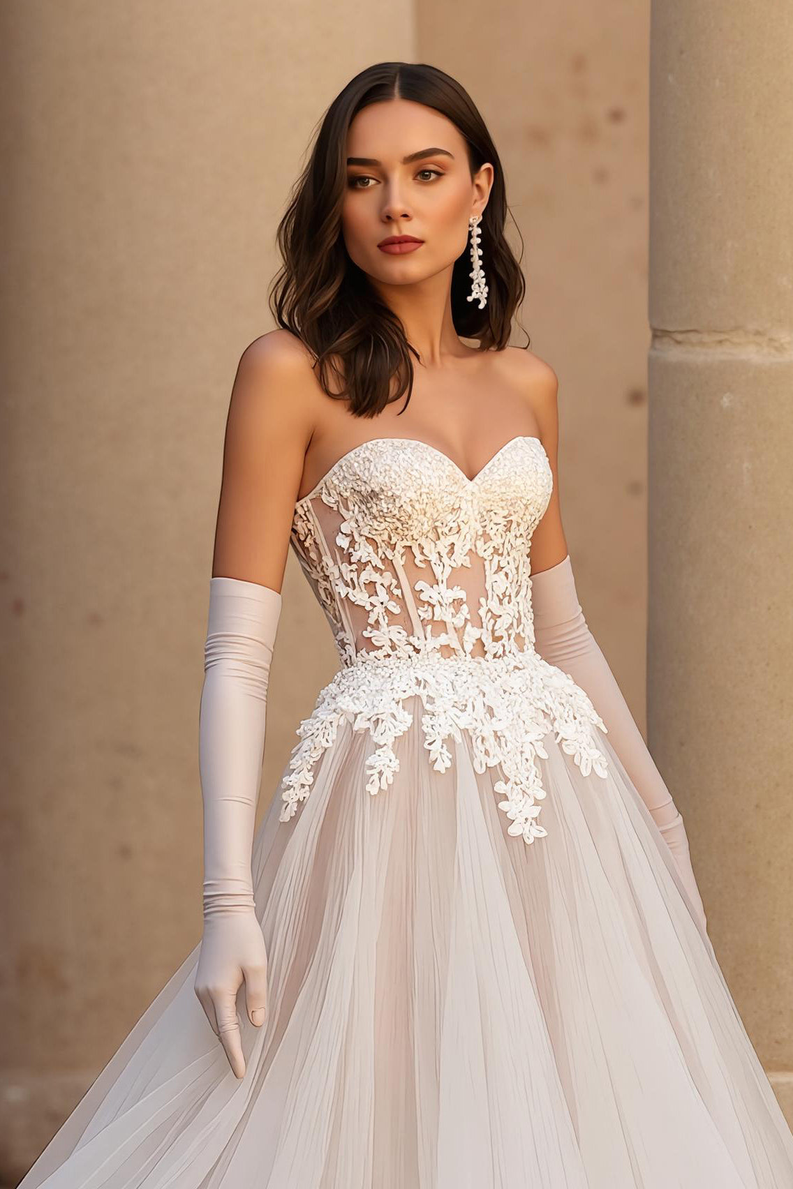 Ivory A-Line Tulle Sweetheart Corset Appliqued Wedding Dress (Without Gloves)