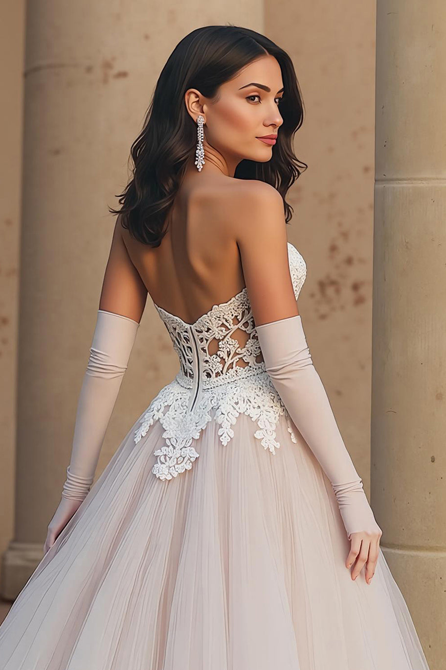 Ivory A-Line Tulle Sweetheart Corset Appliqued Wedding Dress (Without Gloves)