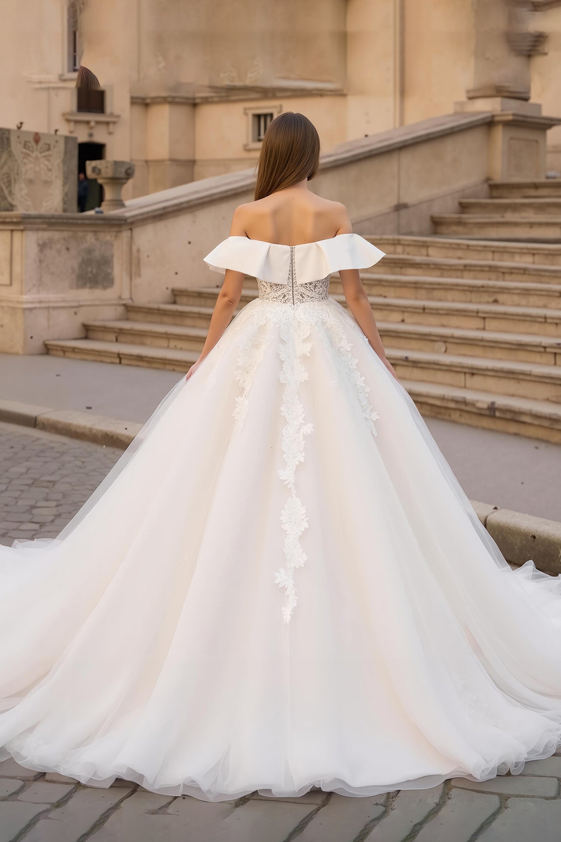 Off The Shoulder Ivory Bridal Gown Dress with Appliques