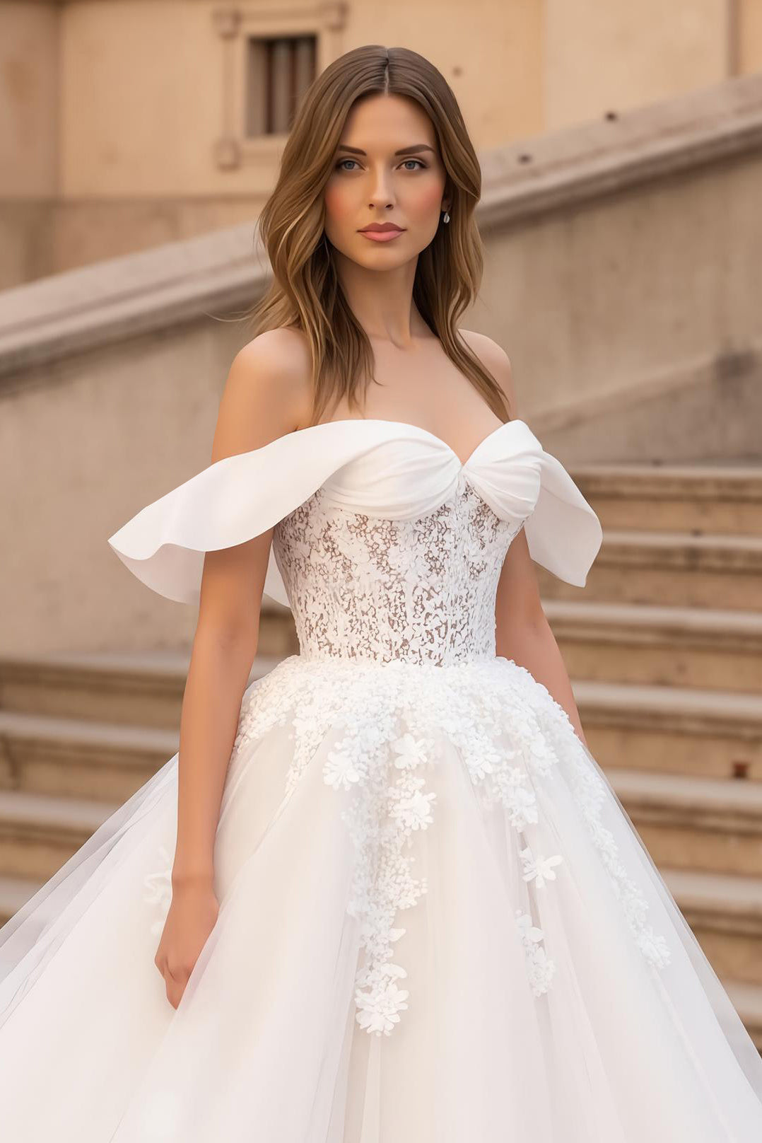 Off The Shoulder Ivory Bridal Gown Dress with Appliques
