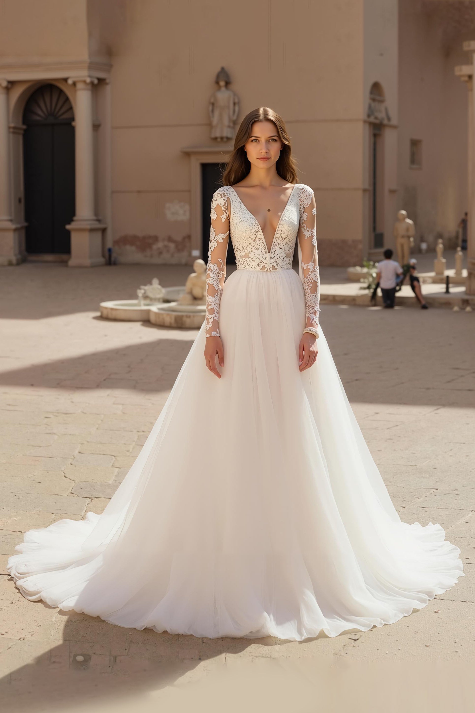 Ivory V-Neck Long Sleeve Appliqued A-Line Bridal Dress