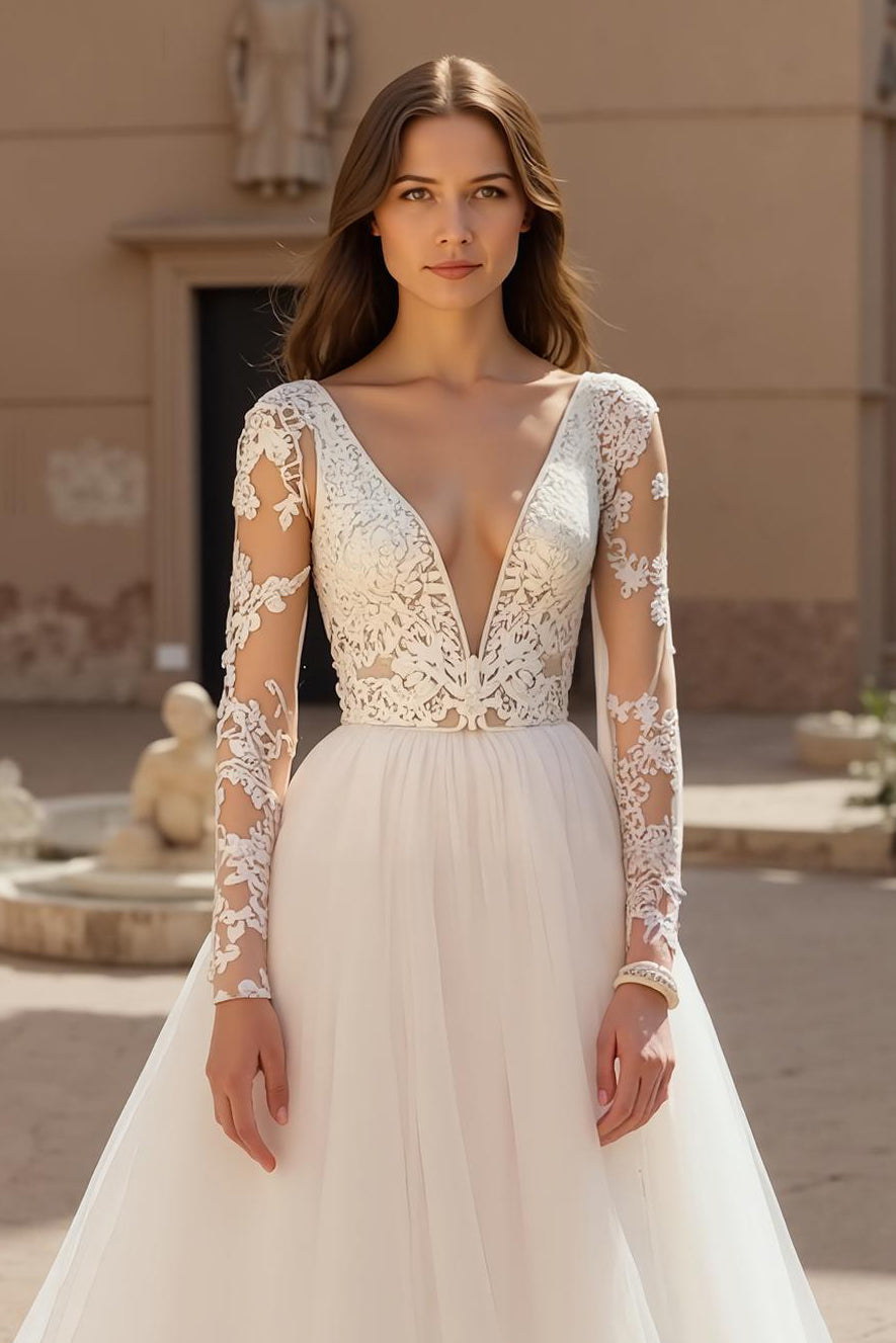 Ivory V-Neck Long Sleeve Appliqued A-Line Bridal Dress