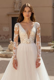 Ivory V-Neck Long Sleeve Appliqued A-Line Bridal Dress