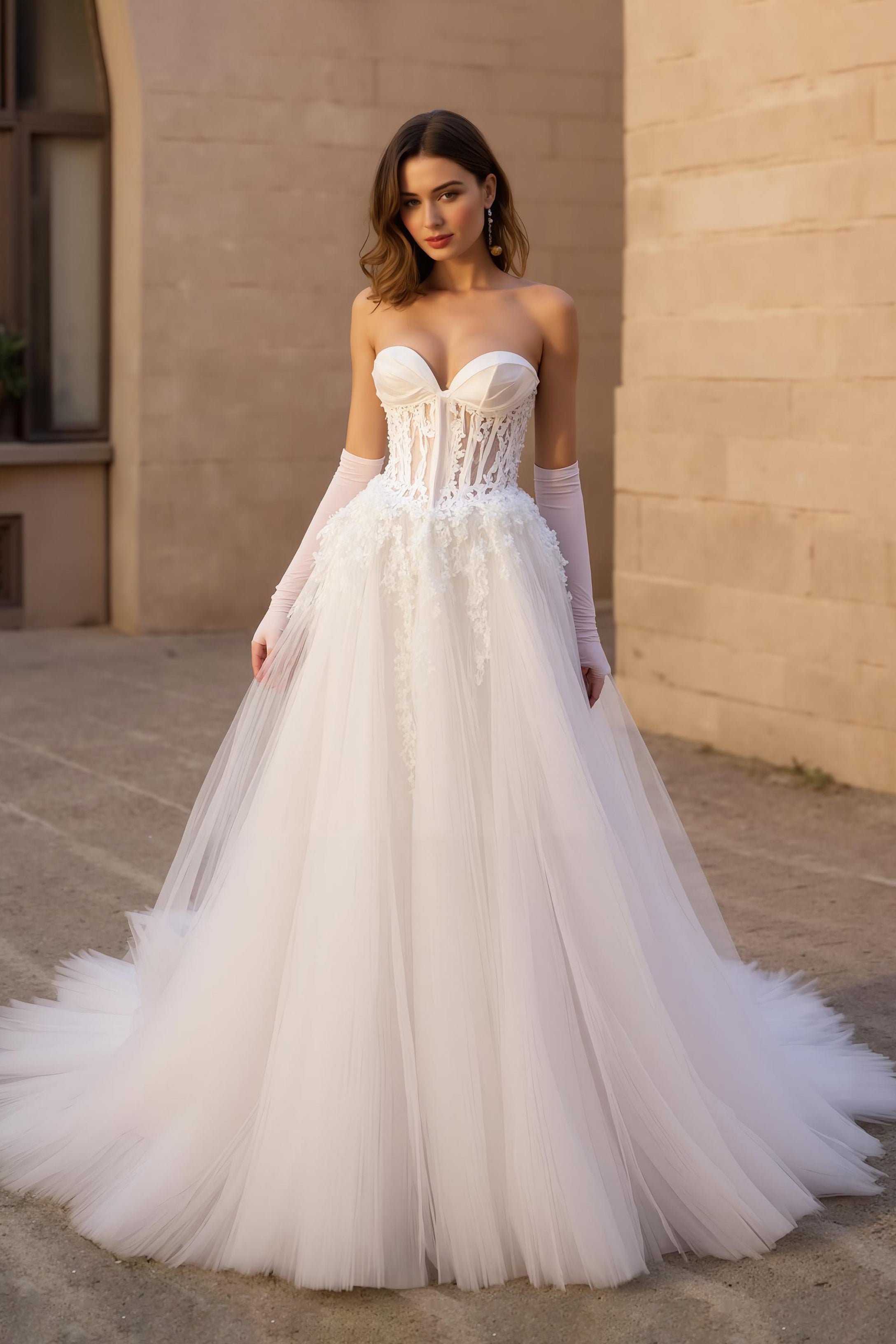Corset Strapless A-Line Ivory Bridal Dress With Appliques (Without Gloves)