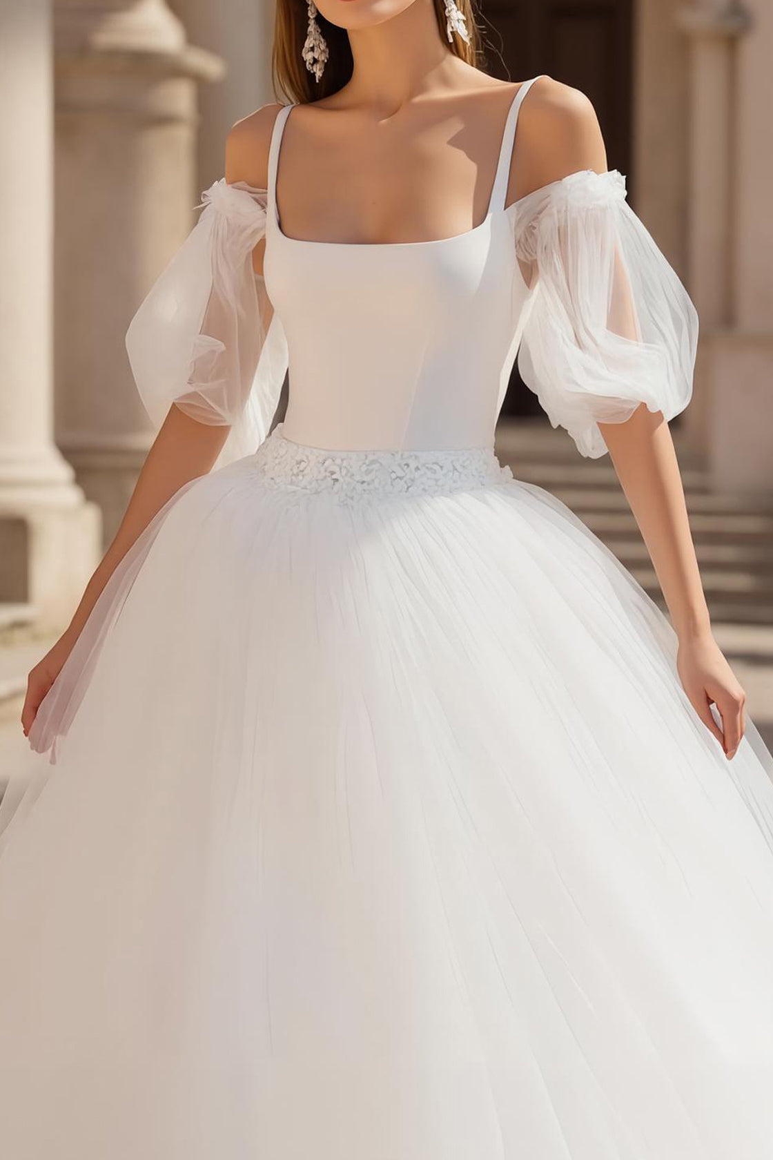 Cold Shoulder Tulle A-Line Ivory Wedding Dress