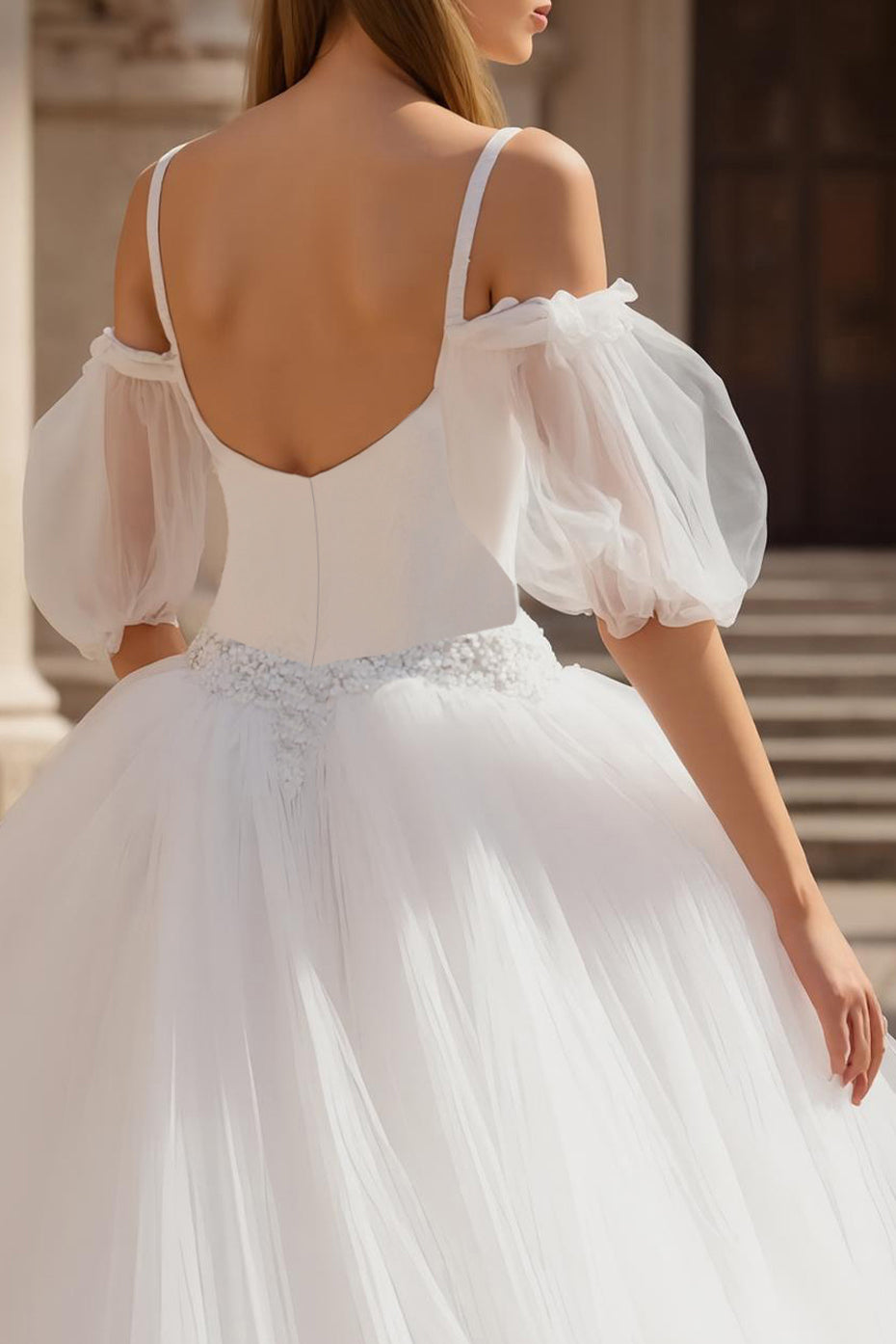 Cold Shoulder Tulle A-Line Ivory Wedding Dress