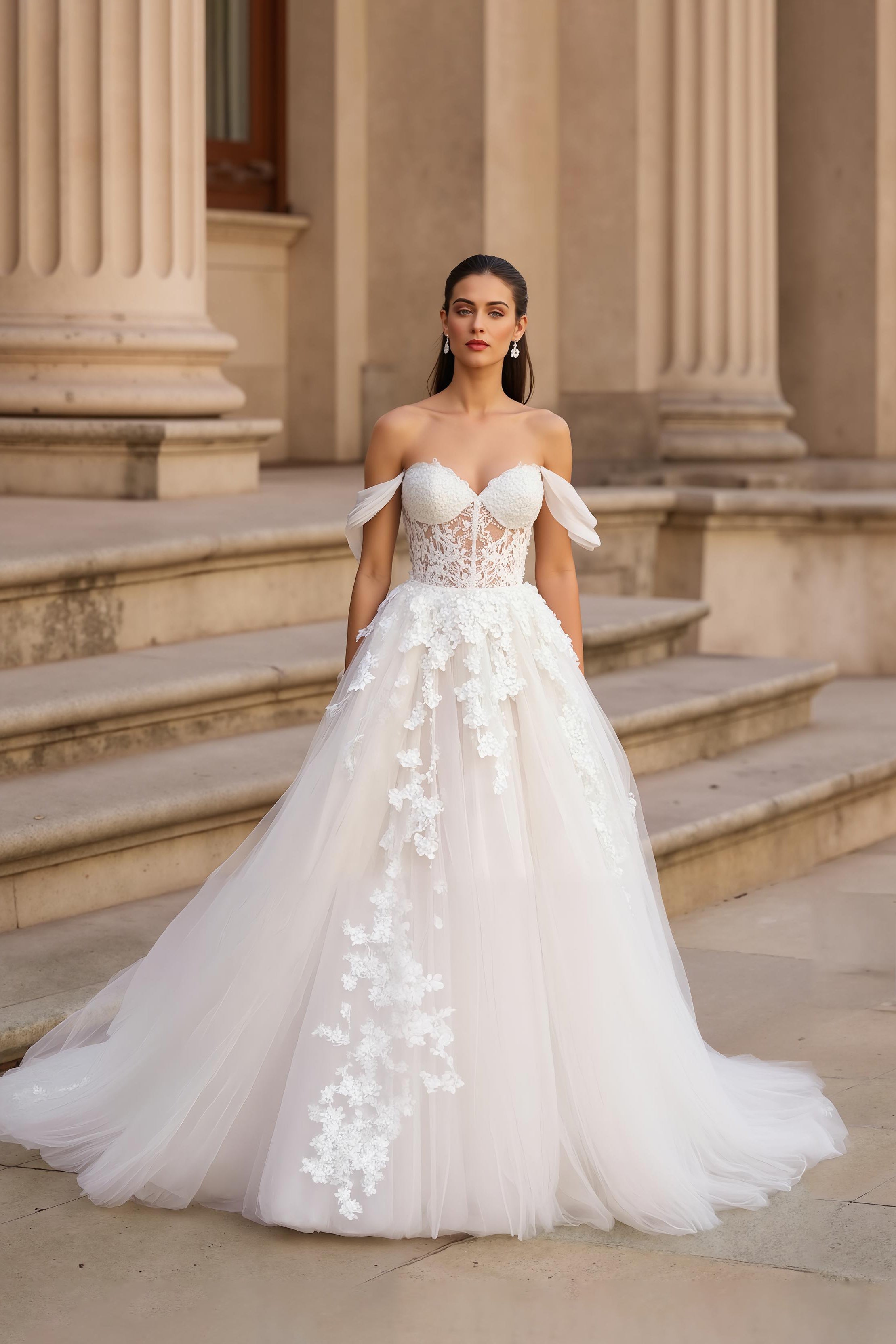 Corset Off The Shoulder Ivory Bridal Gown Dress With Appliques