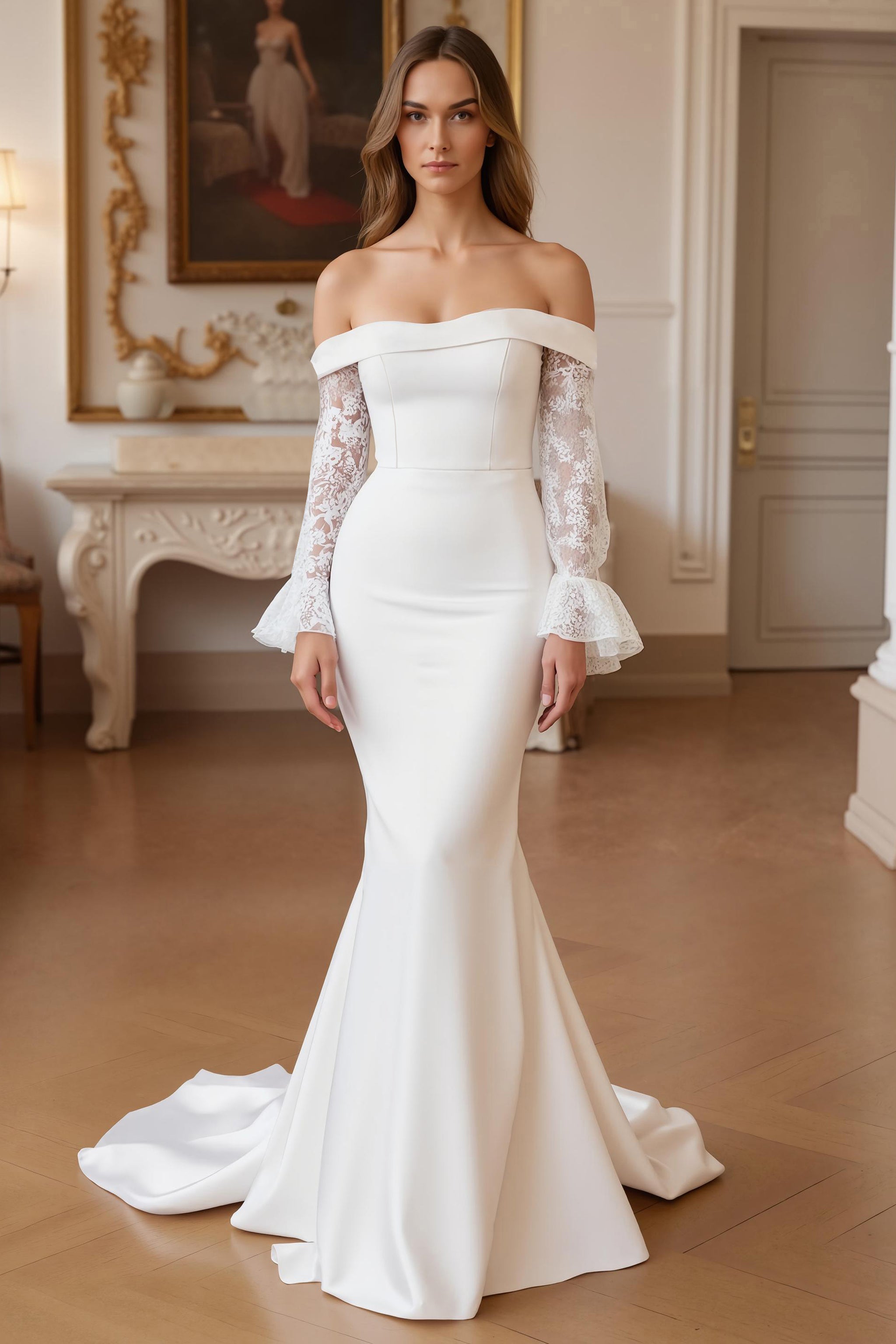 Long Sleeve Appliqued Off The Shoulder Ivory Mermaid Wedding Dress With Court Train