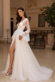 Ivory V-Neck A-Line Appliqued Long Sleeve Wedding Dress With Sweep Train