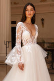 Ivory V-Neck A-Line Appliqued Long Sleeve Wedding Dress With Sweep Train