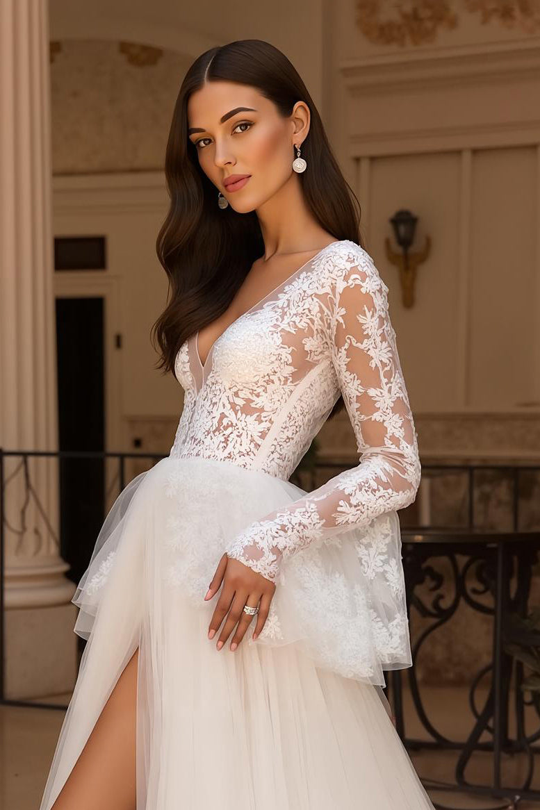 Ivory V-Neck A-Line Appliqued Long Sleeve Wedding Dress With Sweep Train