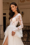Ivory V-Neck A-Line Appliqued Long Sleeve Wedding Dress With Sweep Train