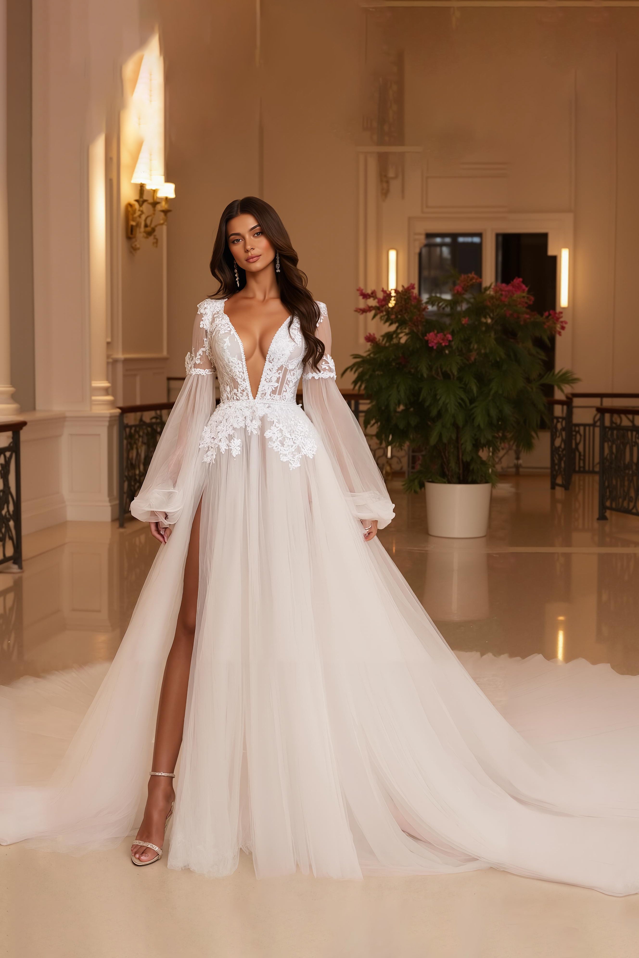 Lone Sleeve V-Neck Ivory A-Line Appliqued Court Train Bridal Dress With Slit