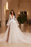 Lone Sleeve V-Neck Ivory A-Line Appliqued Court Train Bridal Dress With Slit