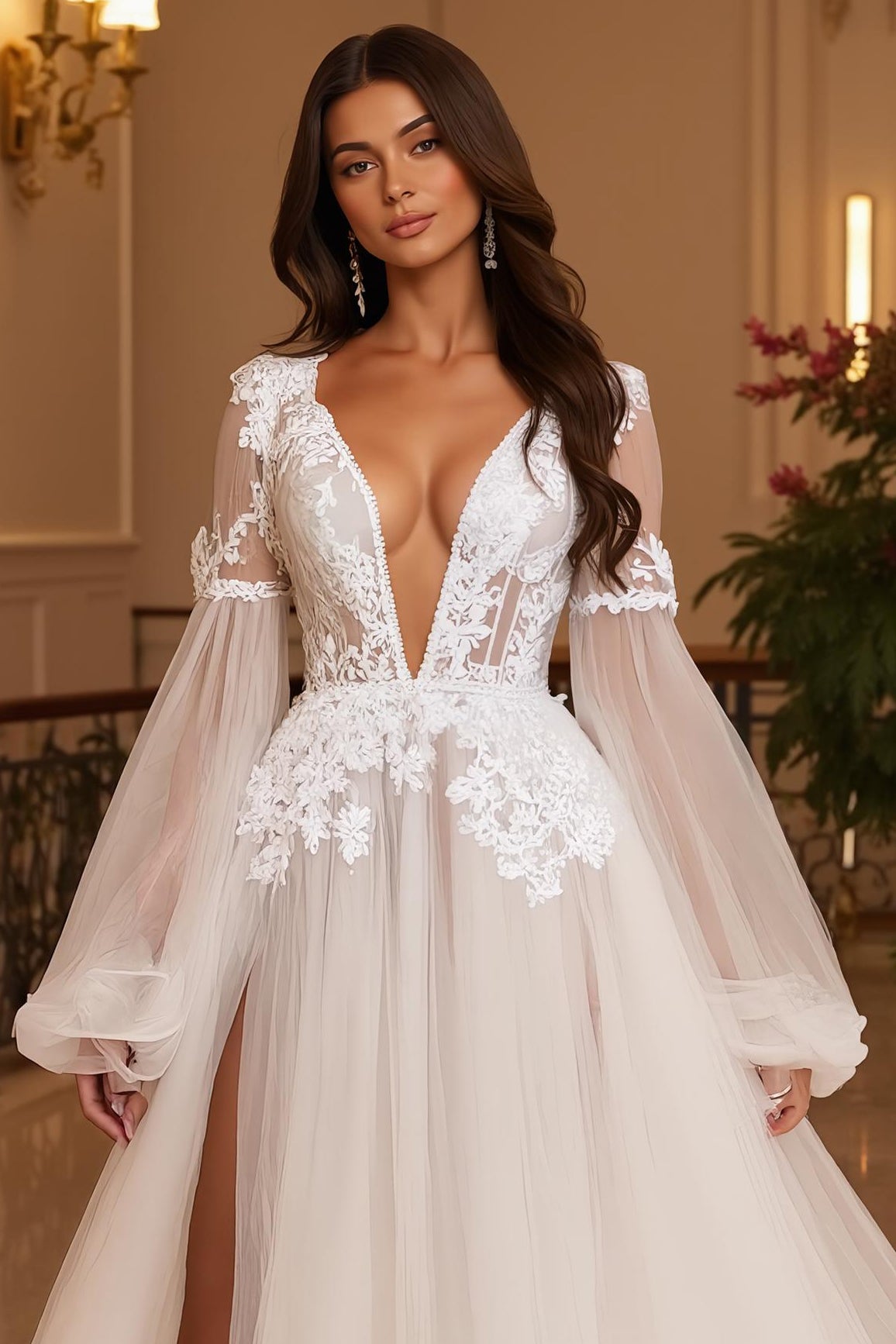 Lone Sleeve V-Neck Ivory A-Line Appliqued Court Train Bridal Dress With Slit