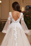 Lone Sleeve V-Neck Ivory A-Line Appliqued Court Train Bridal Dress With Slit