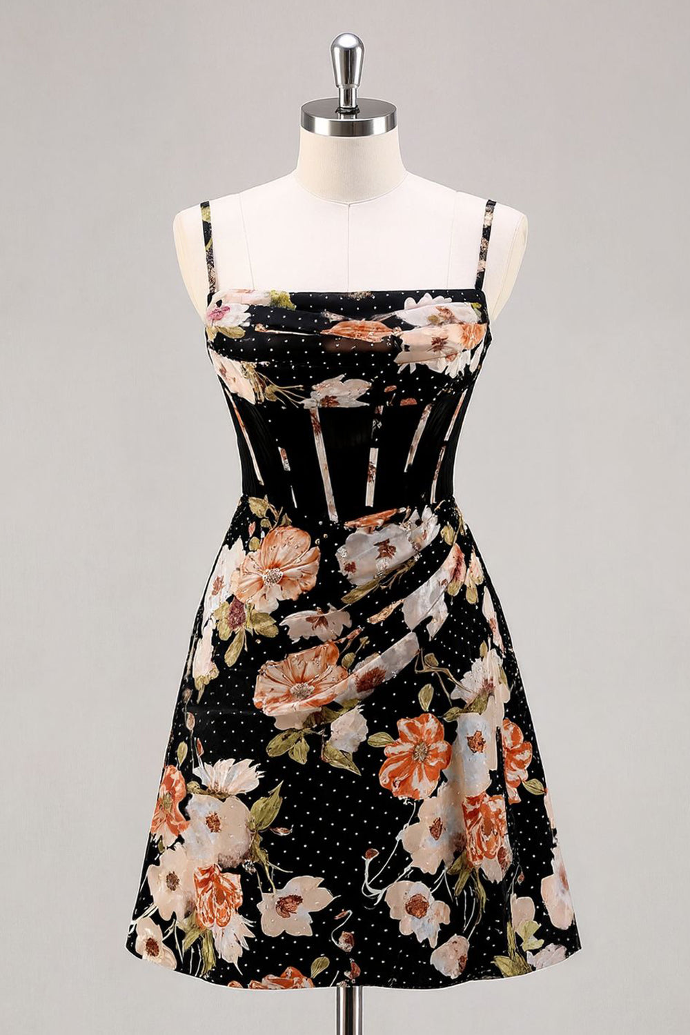 Black A-Line Corset Floral Homecoming Dress
