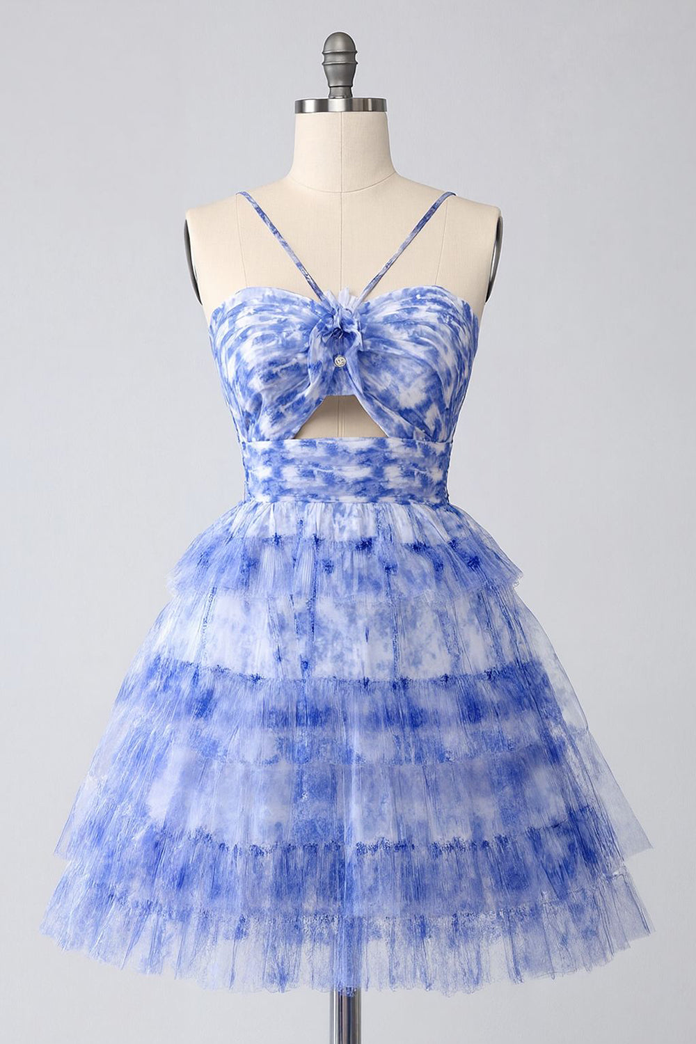 Blue Printed Cut-Out A-Line Tiered Homecoming Dress