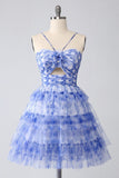 Blue Printed Cut-Out A-Line Tiered Homecoming Dress