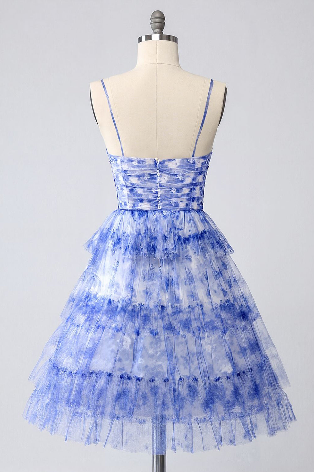 Blue Printed Cut-Out A-Line Tiered Homecoming Dress