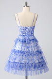 Blue Printed Cut-Out A-Line Tiered Homecoming Dress